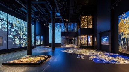 Modern museum exhibit showcasing nature through large-scale projections on walls and floor.
