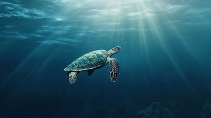 Obraz premium Underwater Turtle Sunbeams Ocean Depths