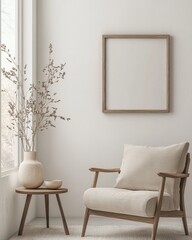 Minimalist corner seating area with natural decor.  A neutral-toned corner lounge space featuring a wooden armchair, a small side table, a vase with dried flowers, and a blank square picture frame