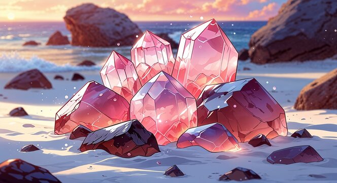 A cluster of rose quartz stones with a soft glow resting on white sand anime cartoon style illustration artwork design background