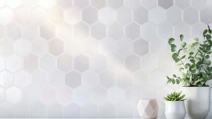 Modern bathroom hexagon tile wall, plants, sunlight