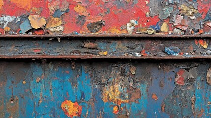 Rusty metal surface displaying peeling paint on train car. Abstract textured background