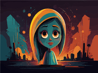Surreal Digital Art of a Girl in a Futuristic Cityscape Vibrant and Emotional Illustration