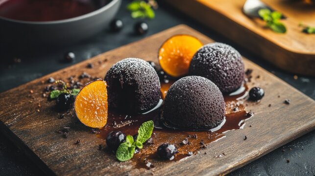 Mini cakes topped with a glossy blackcurrant glaze, creating a glossy, rich purple half-sphere that shines brightly.