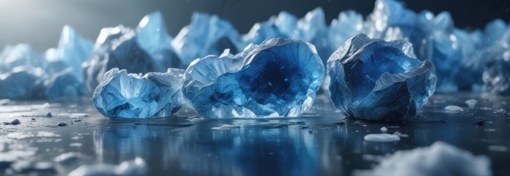 Blue crystal geodes embedded in a thick layer of clear blue ice, ice crystal, blue gemstone, crystal formations
