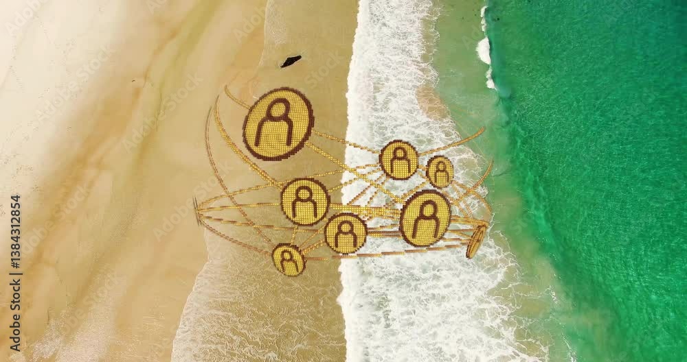 Poster network of connections and data processing animation over beach and ocean waves
