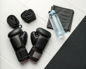 Boxing gloves, hand wraps, water bottle, and towels arranged on yoga mat create minimalist workout setup