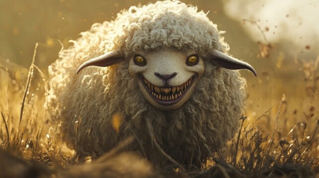 The Menacing Grin: A digital painting of a terrifying sheep in a field
