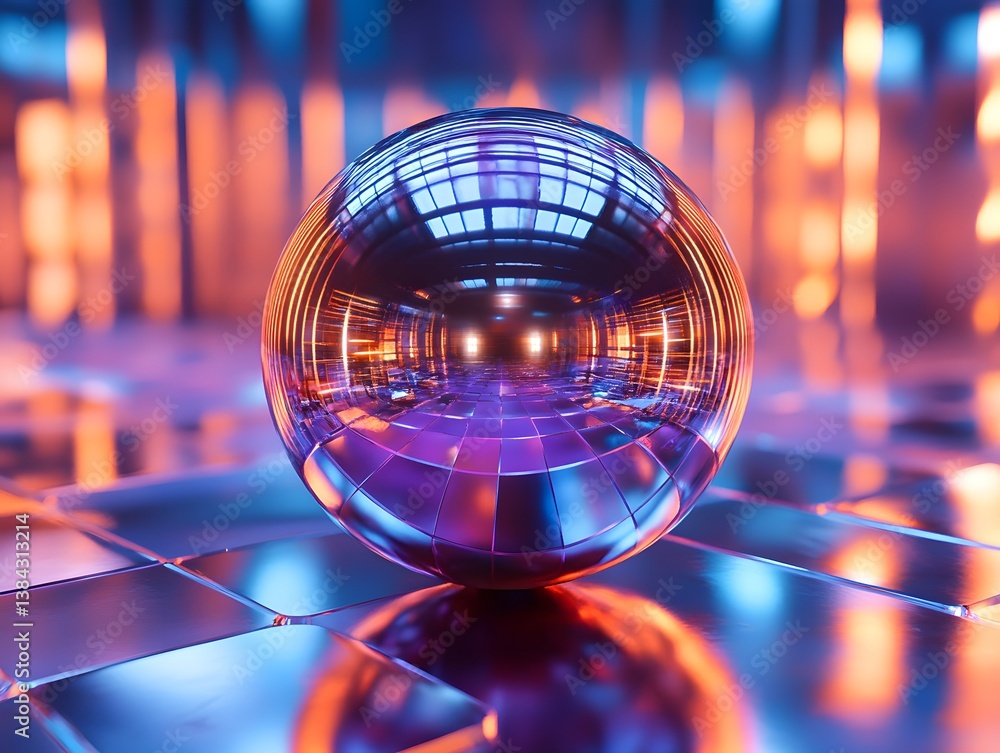 Poster reflective sphere in vivid neon environment with colorful lighting