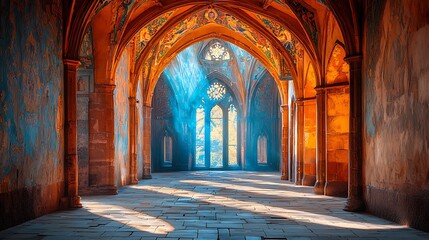 Fototapeta premium Majestic Hallway with Gothic Architecture and Sunlight