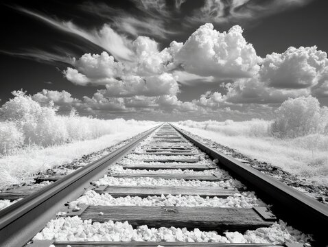Railroad tracks with leading lines and high contrast