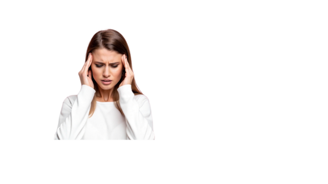 Stressed young woman suffering from headache, migraine, or anxiety, holding head in pain, feeling frustrated and overwhelmed on transparent background