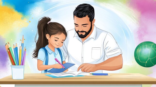 A dedicated teacher assisting a young student with reading in a cozy elementary school classroom