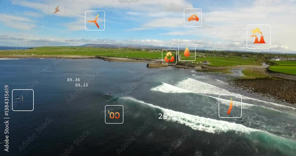 Aufkleber overlaying animation of wind energy data and icons on coastal landscape with waves