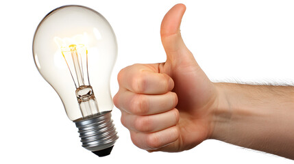 A glowing light bulb next to a hand giving a thumbs up, symbolizing a great idea or success.  Perfect for innovation, creativity, and problem-solving concepts.