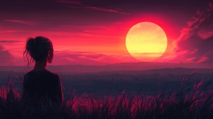 illustration, technology, glow, serene latin woman enjoy sunset with gratitude,illustration
