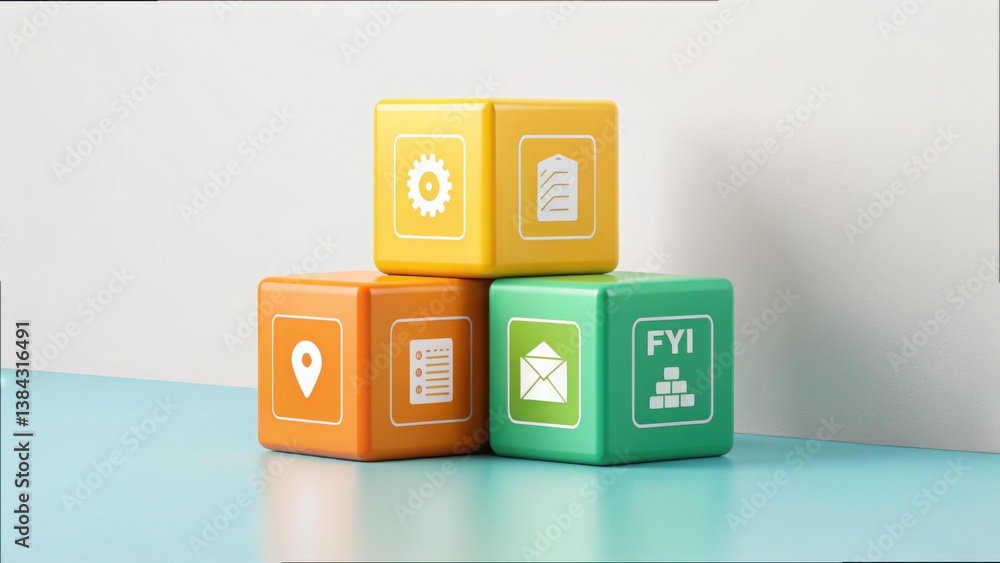 Poster colorful cubes with icons and information display on a surface