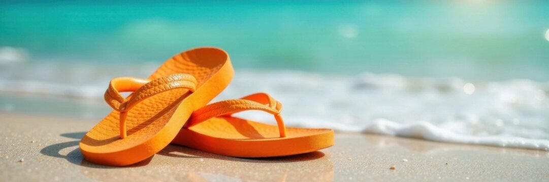 Bright orange flip flops by the ocean , ocean, orange, beach