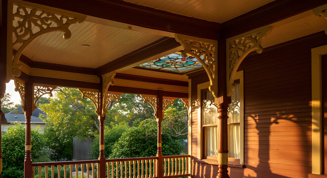 Detailed Victorian Porch With Decorative Brackets And A Stained Glass Transom