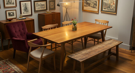 Eclectic Dining Room Featuring Vintage Chairs And a Modern Wooden Table