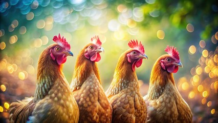 Fototapeta premium Four Hens Isolated on a Softly Blurred Background with Bokeh Effect, Capturing the Natural Beauty of Poultry in a Vibrant Farm Setting, Perfect for Animal Lovers and Nature Enthusiasts