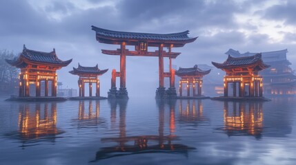 Obraz premium Misty Asian Pagodas Reflecting on Water