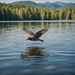 Watercolor painting of a bird flying over a crystal-clear lake.