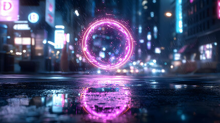 Obraz premium Neon Circle Hologram In Wet City Street At Night
