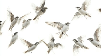Obraz premium Birds in slow-motion flight isolated on white background