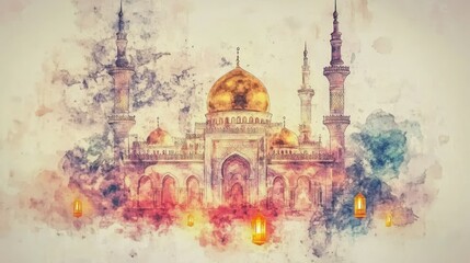 Obraz premium Mosque in Watercolor, Artistic Style