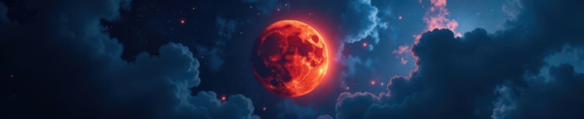 Blood moon eclipse, swirling nebula, dark blue hue , vibrant, wallpaper, graphic