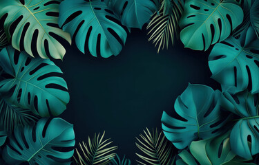 Naklejka premium Lush monstera leaves and tropical foliage create vibrant frame against dark background, evoking sense of tranquility and natural beauty. This composition is perfect for nature lovers