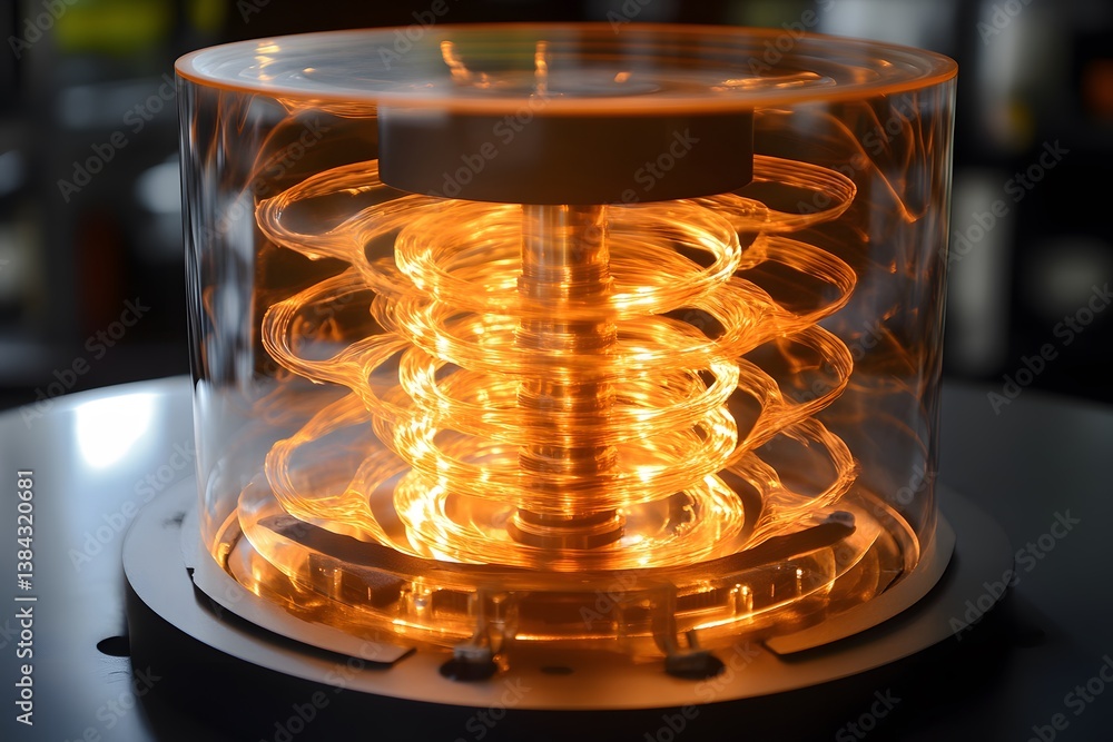 Poster glowing coil in transparent cylinder with swirling light patterns