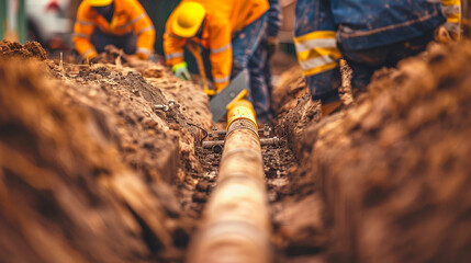 Workers laying underground utilities, using trenchers and carefully placing pipes, construction site. stock image, hd quality, natural look, blog post.