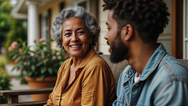 Elderly African American Woman And Adult Grandson Heartfelt Front Porch Conversation