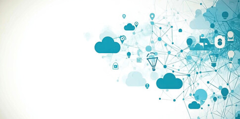 Cloud technology and digital connectivity are represented this illustration, showcasing various icons like clouds, locks, and light bulbs interconnected by lines. design conveys sense