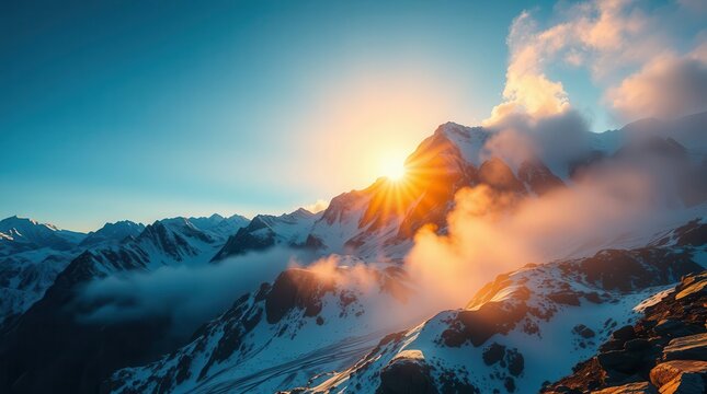 Breathtaking Sunrise Over Snow-Capped Mountain Peaks in 8K
