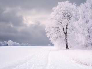 Snowy field with glowing snowflakes and minimalist composition