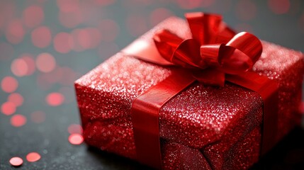 Obraz premium Red Glitter Gift with Bow: Perfect Present for Holidays