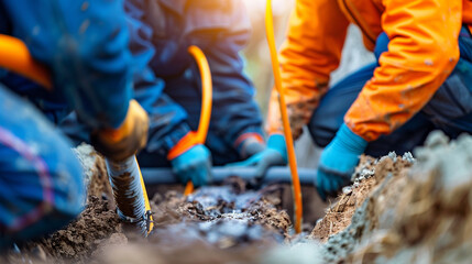 Technicians installing fiber optic cables, trenching, and splicing the connections, construction site. stock image, hd quality, natural look, blog post.