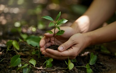 Hands holding a small green plant, sustainability concept