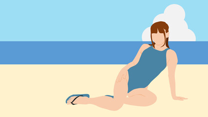 浜辺で夏休みを満喫する女性のイラスト	

