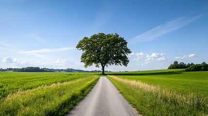 Isolated Tree Standing Beside A Dirt Path Through A Lush Green Field Under A Bright Blue Sky