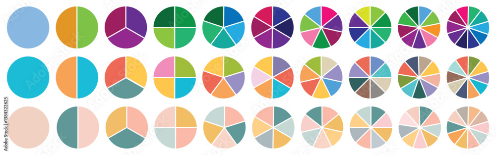 Poster circle pie chart icons. pie charts diagram. circle section graph. set of different color circles iso