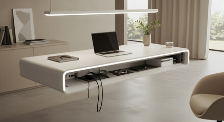 Elegant Floating Desk with Integrated Cable Management and Modern Design