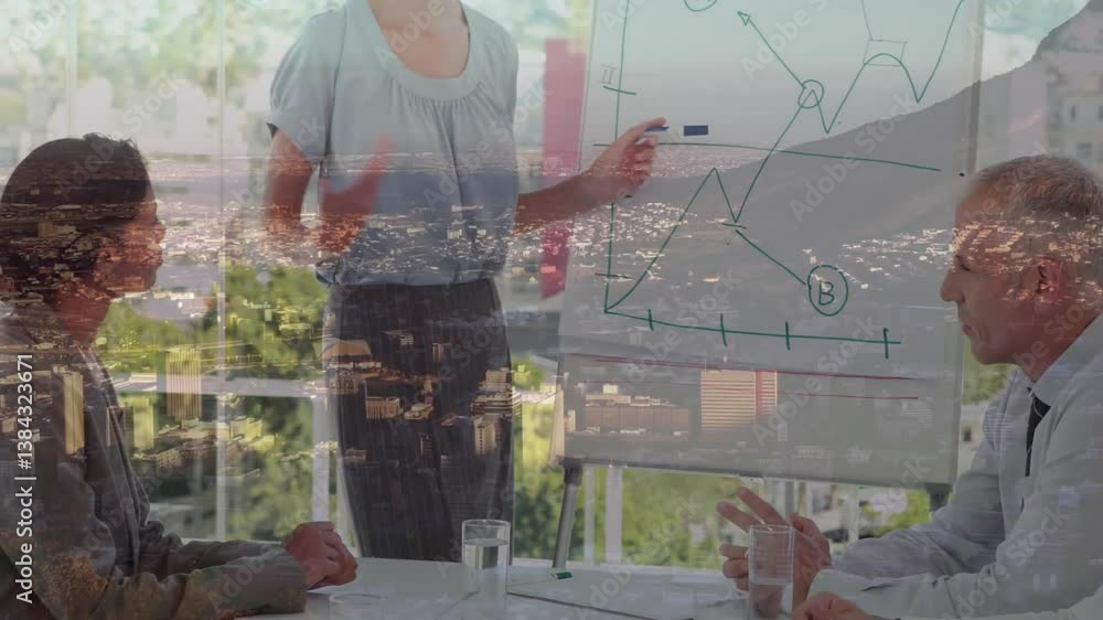 Poster presenting animation in business meeting with graph over cityscape background