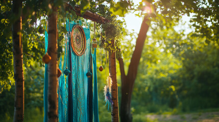 Boho wedding arch, wooden elements, hanging fabrics, feathers, candles, surrounded by nature