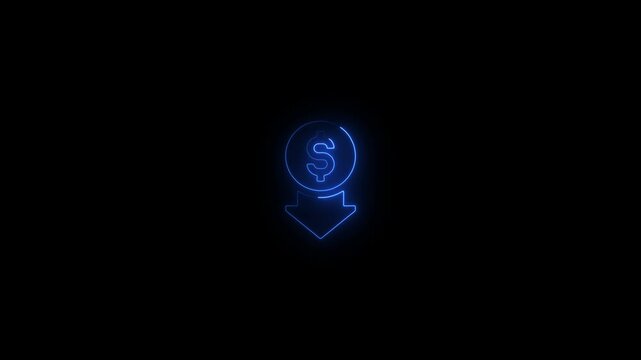 Glowing neon line Dollar rate decrease icon isolated on black background.Cost reduction.Money symbol with down arrow.Money symbol with arrow and neon file document icon.