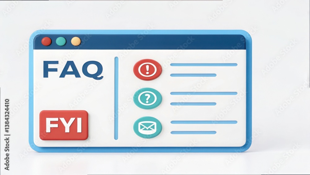 Poster 3D Virtual Assistant User Interface Screen Featuring FAQ and FYI Icons