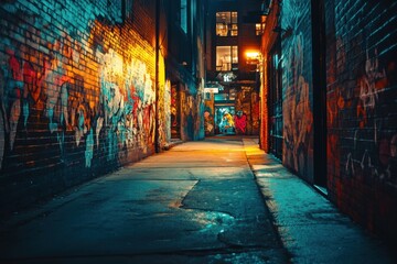 Street art in triadic colors, urban scene with dynamic lighting and space for text